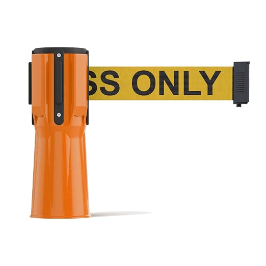 Trafford Industrial 11 Ft Cone-Mounted Retractable Belt Barrier Orange Case | Yellow Belt with "AUTHORIZED ACCESS ONLY" in Black Letters, 2-inch Herringbone Webbing, Retraction Control, 4-way Receiver