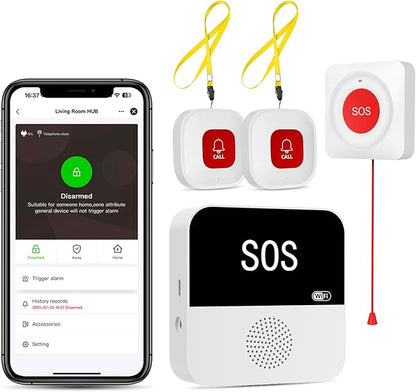 PILSAMAS WiFi Caregiver Wireless Call Button System - 2 Lanyard + 1 Pull Cord Emergency Button, No Monthly Fee APP Alert, Custom Names/Tones, Elderly Safety for Mobile, Bathroom & Bedside Care