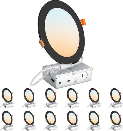 DLLT LED Recessed Ceiling Lights: Black 12 Pack 6 Inch 5CCT Ultra-Thin Lighting with Junction Box for Bedroom - 1200LM Brightness 12W Eqv 110W Dimmable Canless Wafer Downlight with ETL&FCC