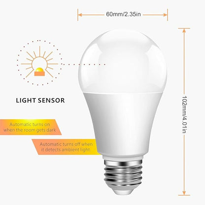 Dusk to Dawn Light Bulbs, Built-in Photocell Light Sensor, Automatic On/Off, E26 Base 9W 60W Equivalent, AC120V 3000K Warm White, Indoor/Outdoor Sensor LED Bulb for Yard Entrance Porch 4Pack
