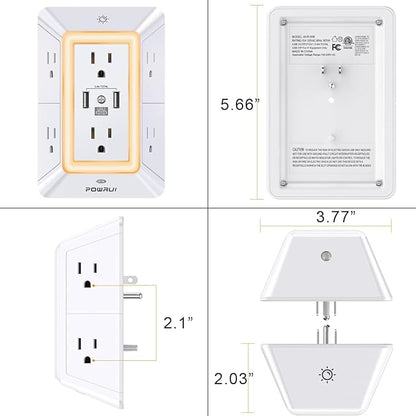 POWRUI Multi Plug 6 Outlet Surge Protector Extender with 3 USB Ports (1 USB C) and Night Light, 3-Sided Power Strip with Adapter Spaced Outlets, ETL Listed, White