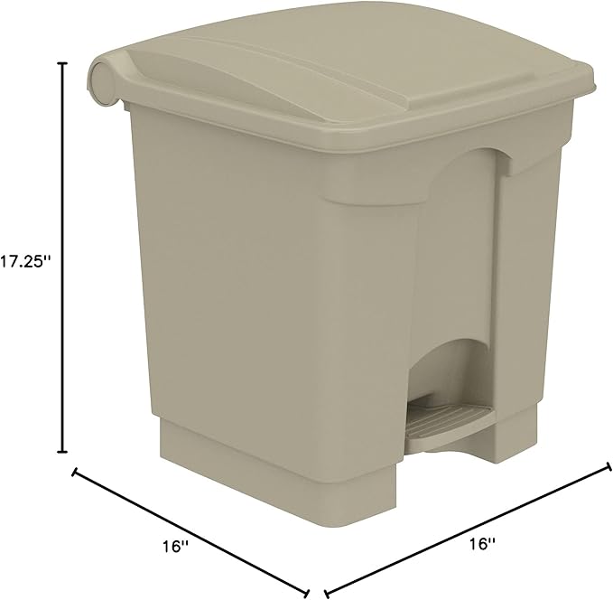 Safco Step-On Indoor Plastic Trash Can, Hands-Free Disposal, 8 Gallon, Tan