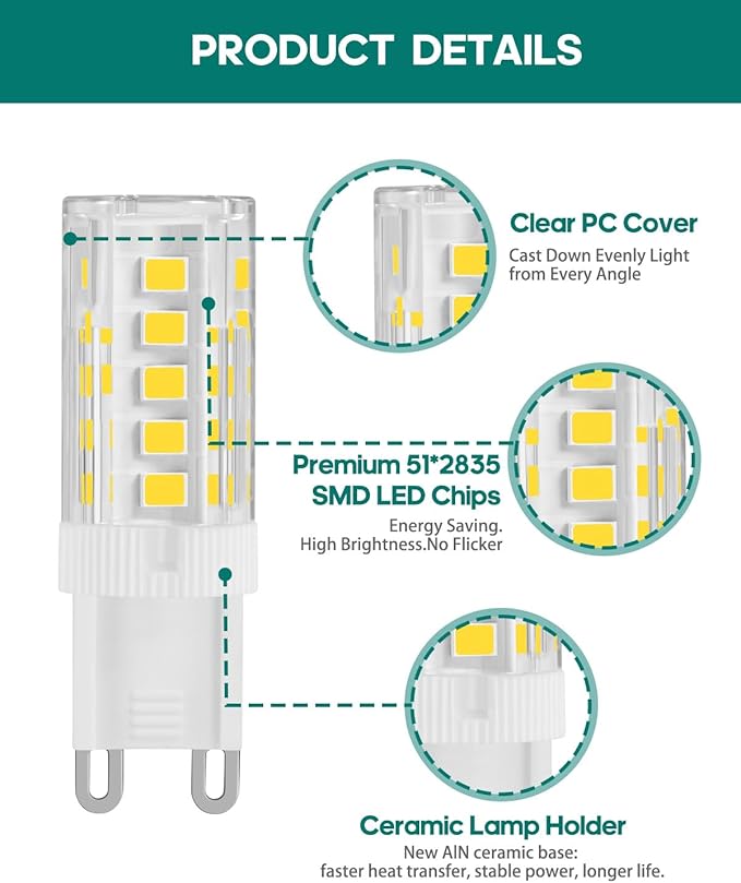 G9 LED Bulb Not-Dimmable 3W, 30 Watt Halogen Equivalent, 120V No-Flicker, Chandelier Bulbs, Sconce Light, Vanity Light 350LM 360 Daylight White 6000K, 2 Pack