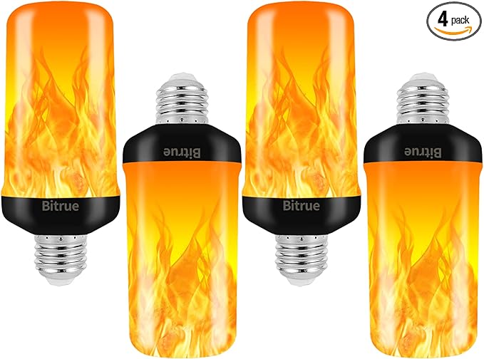 Bitrue LED Flame Effect Light Bulb, 4 Modes Flame Light Bulbs, E26 Base Fire Light Bulb with Gravity Sensor,Flickering Light Bulbs Halloween Home Party(4 Pack)