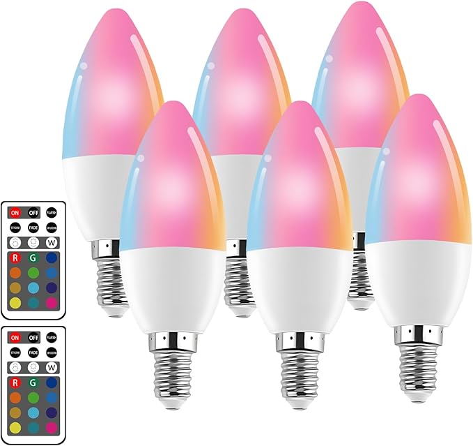 XRise E12 LED Bulb 3W Color Changing Candle Light (RGB + White) 12 Colors, 6000K, Remote Control Included (2 Remote) Decorative Candle Lamp for Stage Home Decor,6 Pack