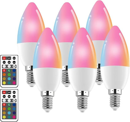 XRise E12 LED Bulb 3W Color Changing Candle Light (RGB + Warm White) 12 Colors, 3000K, Remote Control Included (2 Remote) Decorative Candle Lamp for Stage Home Decor,6 Pack