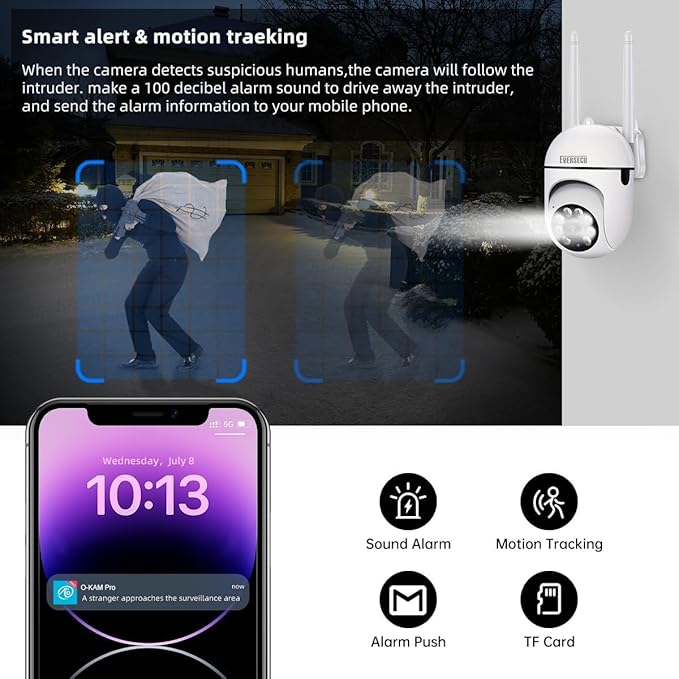 EVERSECU 1080P Outdoor WiFi PTZ Security Camera, 5G WiFi, Auto Tracking, 2 Way Audio, Spotlight Night Vision, Compatible with Alexa, SD Card & Cloud Storage, Support ONVIF&RTSP IP CCTV Camera