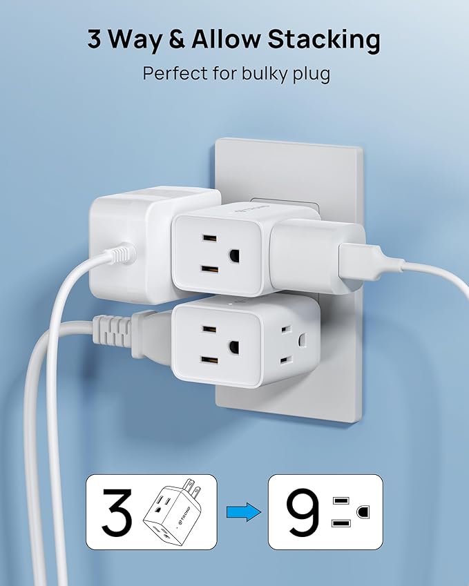 TROND Multi Plug Wall Outlet Extender - 3 Pack Multiple Plug Extension Outlet Splitter Adapter, ETL Listed Horizontal 3 Way Grounded Socket, for Home Office Dorm Cruise Ship Travel Essentials, White