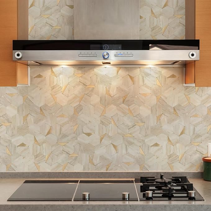 20 Sheets Hexagon Peel and Stick Backsplash for Kitchen Wall, Heat Resistant Stick on Backsplash PVC Smart Tiles, 12'' Beige Marble Waterproof Peel and Stick Wall Tiles for Bathroom