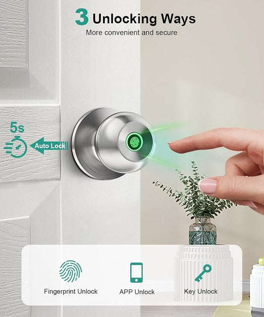 Smart Door Knob with Lock,Fingerprint Door Lock,2 Pcs,Burnished Silver | Smart Lock with Auto-Lock , App, Key, Fingerprint Door Locks for Front Door, Garage, Apartment, Hotel, Interior, Exterior