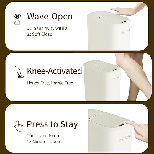 MRBIN Motion Sensor Adsorption Bag Bathroom Trash Can with Lid and Wheels, 10L/2.6gal Automatic Waste Basket Slim Electric Metal Garbage Bin for Office, Bedroom, Rv, Cream White