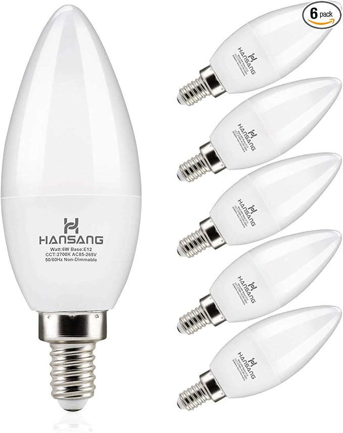 Candelabra LED Bulbs, 60 Watt Equivalent, 600LM Warm White 2700K, 6W, Type B Light Bulb, E12 Small Base, Decorative Chandelier Bulb, Ceiling Fan Bulbs, Non-Dimmable, Pack of 6