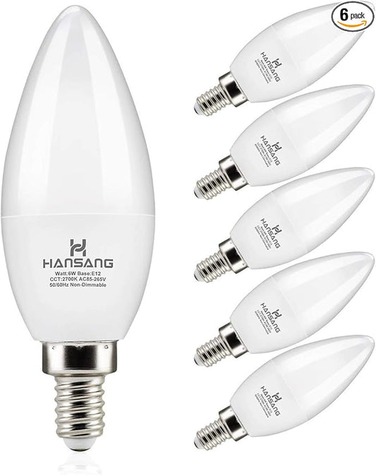 Candelabra LED Bulbs, 60 Watt Equivalent, 600LM Warm White 2700K, 6W, Type B Light Bulb, E12 Small Base, Decorative Chandelier Bulb, Ceiling Fan Bulbs, Non-Dimmable, Pack of 6