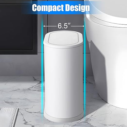 Anzoymx Stainless Steel Bathroom Trash Cans 1.8 Gallons Small Garbage Can with Pop up Lid, Dog Proof Narrow Wastebasket, Slim Waterproof Litter Trash Bins Set for Bedroom, Toilet, Office (White)