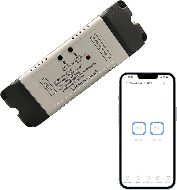 2 Channel EWelink Wireless Switch with Enclosure WiFi Switch Module Remote Control DIY Smart Home Bluetooth Relay 7-32V Power Input Compatible with Alexa Google Home
