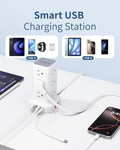Extension Cord with Multiple Outlets, SMALLRT Flat Plug Surge Protector Power Strip Tower, Power Bars with USB 12 AC Outlets, 16.5FT Ultra Thin Extension Cord for Home Office, Overload Protection