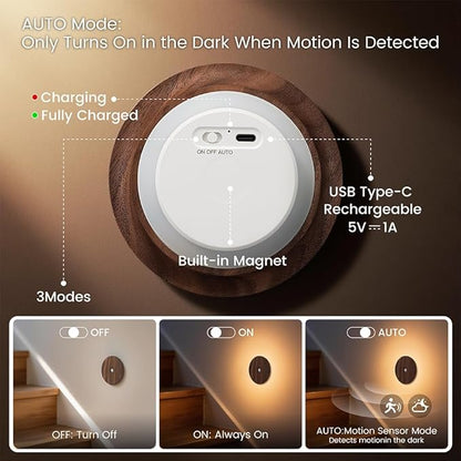 Wood Motion Sensor Night Light Indoor, Rechargeable Magnetic Light