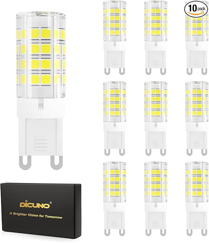 DiCUNO G9 LED Light Bulb 4W, 40W Halogen Replacement, Daylight White 6000K, 450 Lumen, G9 Bi-Pin Ceramic Base Bulb, 120V, Non-dimmable, for Chandelier Lighting, Pendant Light, 10-Pack