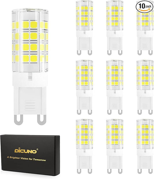 DiCUNO G9 LED Light Bulb 4W, 40W Halogen Replacement, Daylight White 6000K, 450 Lumen, G9 Bi-Pin Ceramic Base Bulb, 120V, Non-dimmable, for Chandelier Lighting, Pendant Light, 10-Pack