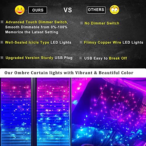 Pink Purple & Blue Ombre Fairy Curtain Lights with Dimmer Switch, Ombre Rainbow LED Icicle String Curtain Lights for Girls' Bedroom, Teen Room, Kids' Room, Wedding, Mother's Day, Mermaid Decor