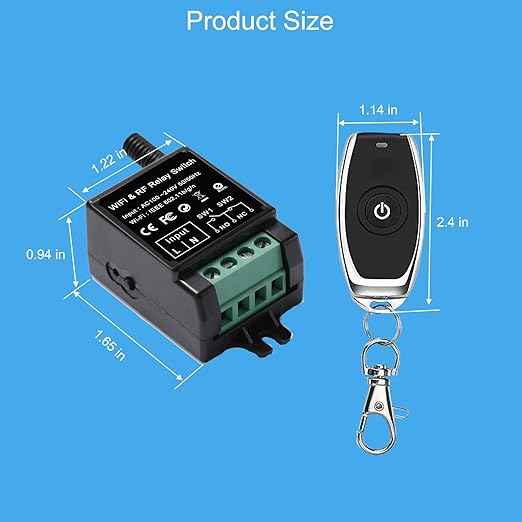 Smart Dry Contact Switch, AC Wireless Relay with RF Remote (165ft) & Tuya App, NO/NC 8A/250VAC & 8A/30VDC - for Garage Door,Lights, Alexa/Google Home Compatible (smart Switch)