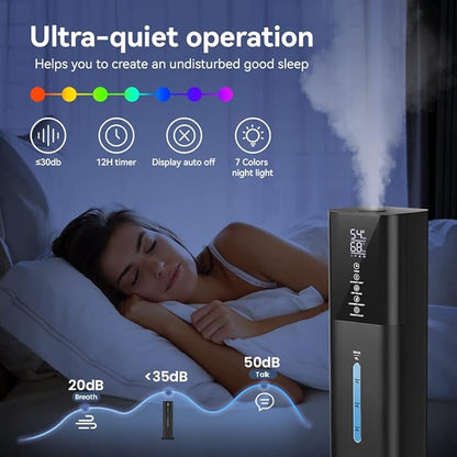2.1Gal(8L) Humidifiers Large Room Bedroom Up to 550ft² Coverage, Quiet Ultrasonic Cool Mist Humidifier with Night Light, 3 Speeds, Adjustable Humidity, 12H Timer, Aroma Tray for Home Plants Baby