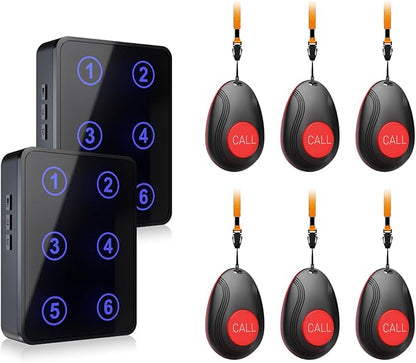 CallToU Wireless Call Button Caregiver Pager Nurse Call System for Elderly/Patients at Home/Hospital with Voice Announcements and LED Number Display (6 Waterproof Call Button & 2 Receiver)