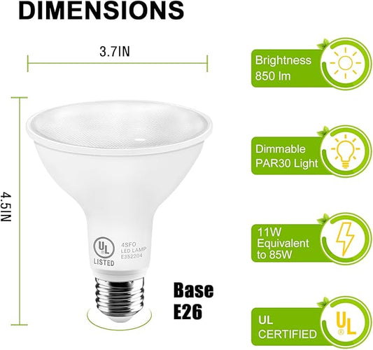 LightingWill 11W Par30 LED Bulb (75W Equivalent), UL Listed, 5000K Daylight White Dimmable Flood Light Bulbs, 850 Lumens, E26 Base, LED Recessed Light Bulbs for Indoor Outdoor, 6 Pack