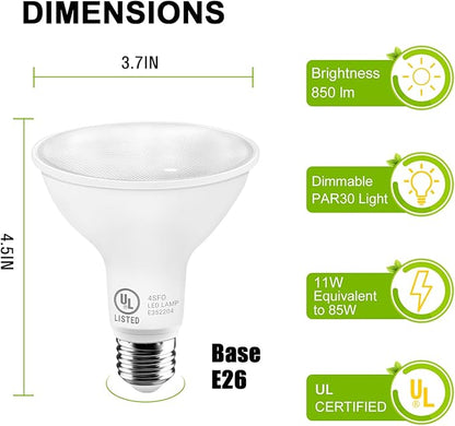 LightingWill 11W Par30 LED Bulb (75W Equivalent), UL Listed, 3000K Warm White Dimmable Flood Light Bulbs, 850 Lumens, E26 Base, LED Recessed Light Bulbs for Indoor Outdoor, 12 Pack