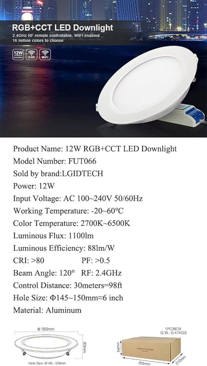 LGIDTECH FUT066 Miboxer 12W RGB+CCT Led Recessed Ceiling Downlight AC 100-240V, RGB Color Changing,Color Temperature Adjustable,Smartphone Can't Control Directly