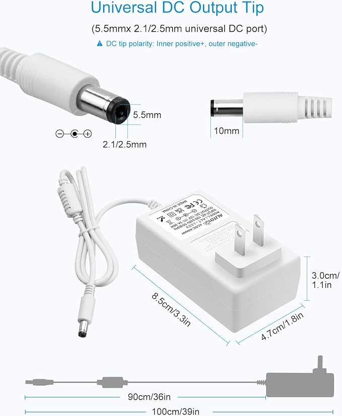 ALITOVE 12 Volt 3A Power Supply DC 12V 36W Universal AC/DC Adapter White 100-240V 50-60Hz Transformer Converter with10 Tips