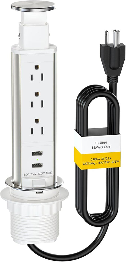 Pop Up Outlet for Countertop, Receptacle Power Strip with 3 AC Outlet 2 USB Ports, Pull Pop Up Power Socket Outlet, 2.5" Hole Recessed Outlet for Kitchen Counter Conference Desk Office, White
