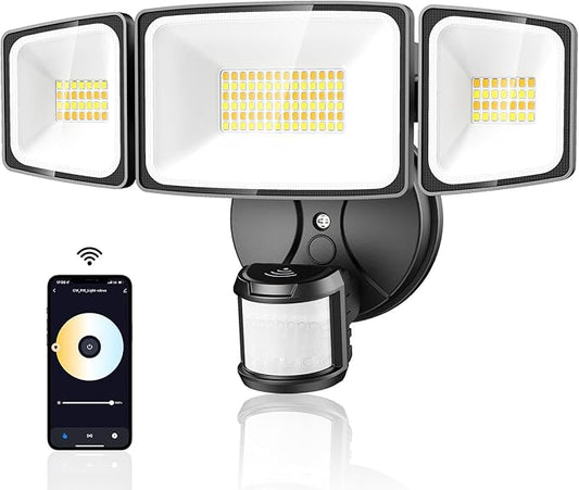 Onforu 65W Smart LED Security Lights Motion Sensor Light Outdoor, APP Control, Outdoor Motion Detector WiFi Alexa Flood Light 5500LM, 2500K-6500K, with Adjustable 3 Head, White