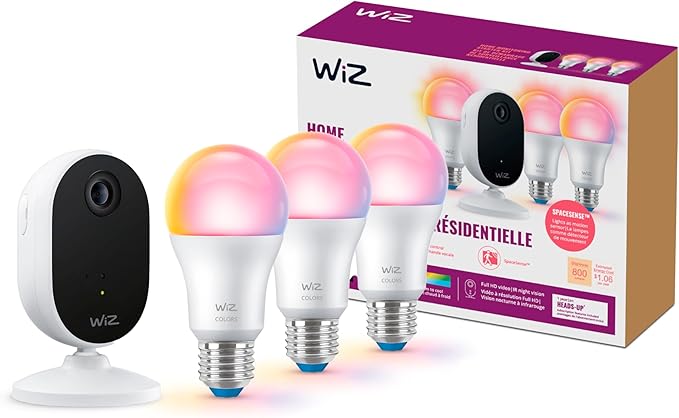 WiZ Home Monitoring Starter Kit Includes Indoor Security Camera, 1080p HD Video with Motion Detection and Full-Duplex Audio + 60W A19 Color LED Smart Bulb - Pack of 3