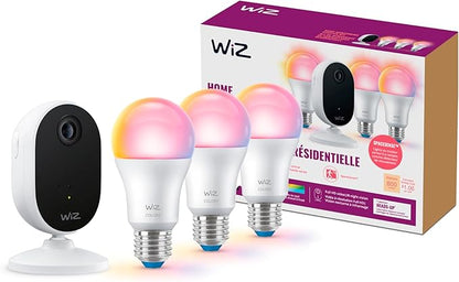 WiZ Home Monitoring Starter Kit Includes Indoor Security Camera, 1080p HD Video with Motion Detection and Full-Duplex Audio + 60W A19 Color LED Smart Bulb - Pack of 3
