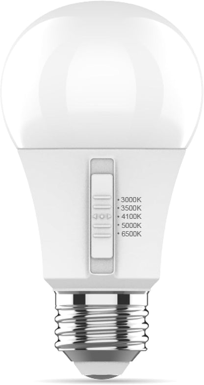 Goodlite A19 LED Bulb, 5 Color Selectable 3000K-3500K-4100K-5000K-6500K, 450 Lumens, 6W (40W Equivalent), High CRI, 5% Dimmable, UL Listed, Enclosed Fixtures & Damp Rated, 15,000 Hrs. 1ct (G-10880)