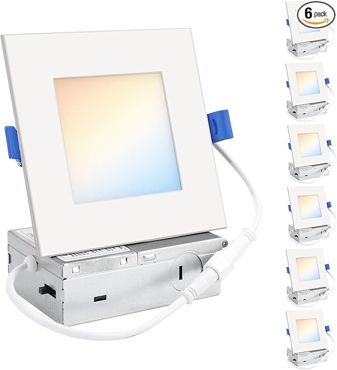 HONZIN Square LED Recessed Lighting 4 Inch, 5CCT Ultra Thin Led Recessed Ceiling Lights 6 Pack, Selectable 2700K/3000K/3500K/4000K/5000K, 9W, IC Rated, Dimmable Square White Trim with Junction Box