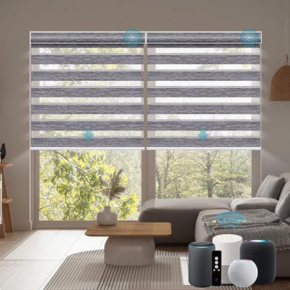 SmartWings Motorized Zebra Blinds with Remote, Custom Size Smart Electric Roller Shades for Windows, Automatic Light Filtering Dual Layer, Cordless Battery Motor, 95mm 85% Blackouit Light Grey