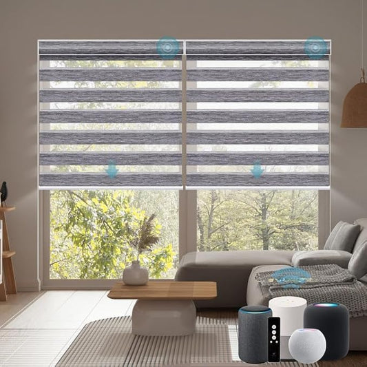 SmartWings Motorized Zebra Blinds with Remote, Custom Size Smart Electric Roller Shades for Windows, Automatic Light Filtering Dual Layer, Cordless Battery Motor, 95mm 85% Blackouit Light Grey