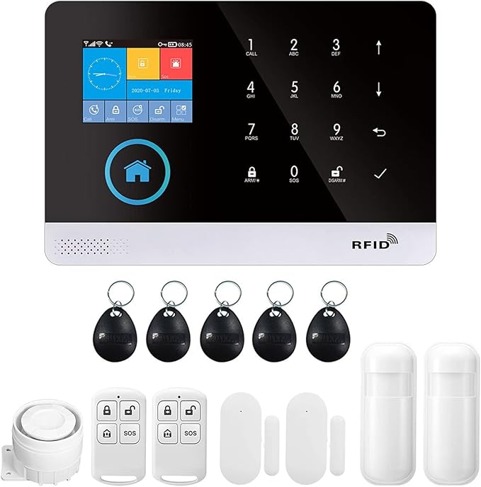 WiFi GSM Home Alarm Security System, 2.4in LCD Wireless DIY Smart Home Burglar Security Alarm System 10 Piece Kit, Compatible with Alexa Google Home Voice Control