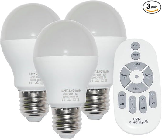 6W E27 Smart LED Light Bulbs Dimmable with 2.4GHz Wireless 3-Zone Remote Control - Adjustable Color Temperature (Warm/Cool) and Brightness 3 Pack (3 Bulb+1 Remote)