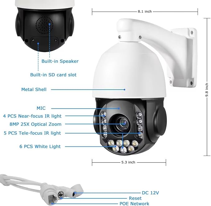 8MP 4K 25X optical 5.3-130mm Auto Tracking Outdoor PTZ Camera PoE IP wired Human Vehicle Detect Security Camera with 298ft IR,Floodlight color Night View,2-Way Audio alarm,Preset,NVR,Mobile App,360Pan