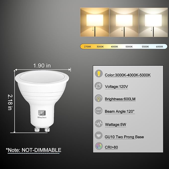 M GU10 3 Color Temperature LED Bulbs 3000K/5000K/4000K,5W(50W Equivalent),600LM, 3CCT Color Changing Flood Light Bulb for Recessed Lighting,10 Pack