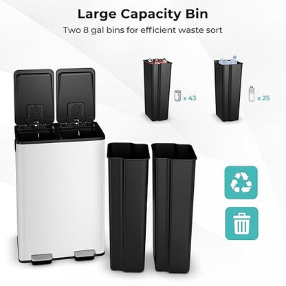 Goplus 16 Gallon/ (2x30L) Stainless Steel Trash Can, Kitchen Trash Bin w/Dual Removable Inner Buckets, Soft Closure & Step-on Pedal, Deodorizer Compartment, Garbage Bin for Recycling, White