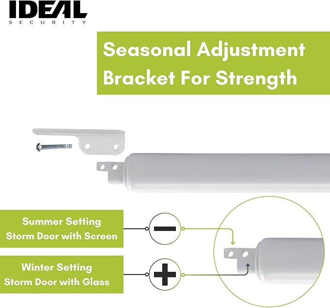 Ideal Security Model 9 Standard Duty Pneumatic Storm and Screen Door Closer, 10.5" L x 1.25" W x 1.25" H, Adjustable Speed, Smooth Closing for Lightweight to Medium Doors, Easy Install, White