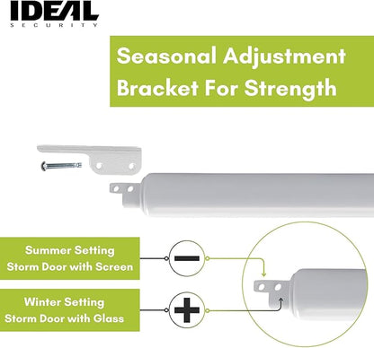 Ideal Security Model 9 Standard Duty Pneumatic Storm and Screen Door Closer, 10.5" L x 1.25" W x 1.25" H, Adjustable Speed, Smooth Closing for Lightweight to Medium Doors, Easy Install, White