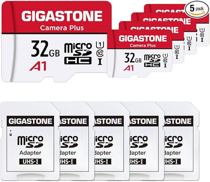 GIGASTONE 32GB Micro SD Card 5-Pack, MicroSDHC Memory Cards for Security Cameras, Wyze Cam, Roku, Full HD Video Recording, UHS-I U1 A1 Class 10, up to 90MB/s, with Adapter