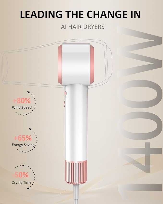 Hair Dryer, AI Smart 160000 RPM High-Speed Brushless Motor Plasma Ion AI Blow Dryer with Diffuser for Fast Drying, Professonal 4Temp/3Speed Thermo-Control Lightweight AI Hairdryer for Women Men Travel