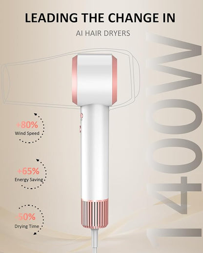 Hair Dryer, AI Smart 160000 RPM High-Speed Brushless Motor Plasma Ion AI Blow Dryer with Diffuser for Fast Drying, Professonal 4Temp/3Speed Thermo-Control Lightweight AI Hairdryer for Women Men Travel