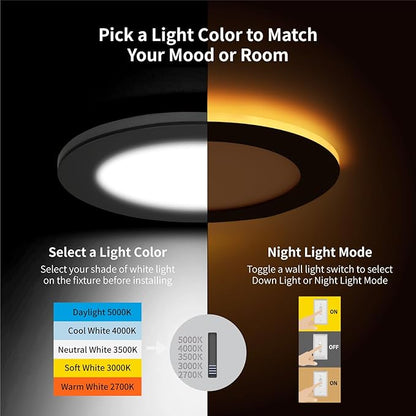 Meconard 4 Pack 4 Inch 5CCT LED Recessed Ceiling Light with Night Light, 2700K/3000K/3500K/4000K/5000K Selectable Ultra-Thin, 9W=75W, 750LM, Dimmable Canless Wafer Downlight, Black Trim